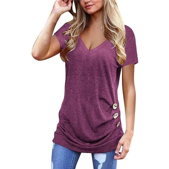Women V Neck Solid Color Plain Casual Blouse - Picture 1 of 3